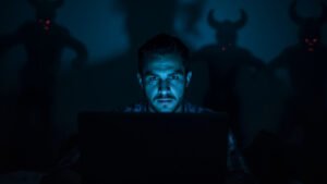 A man is watching his computer in the dark, while demons watch him
