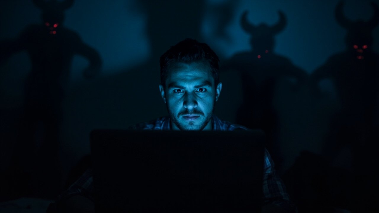A man is watching his computer in the dark, while demons watch him
